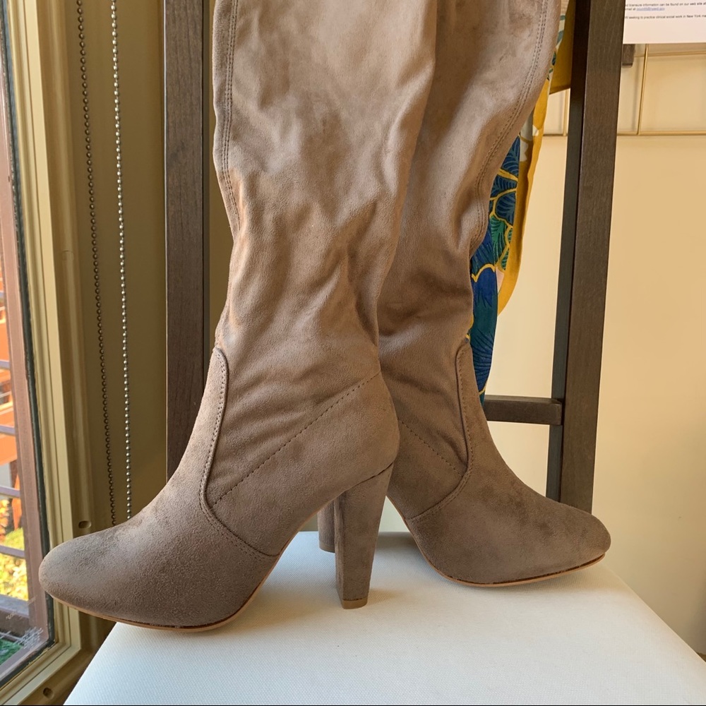 Taupe suede thigh high chunk heel boots